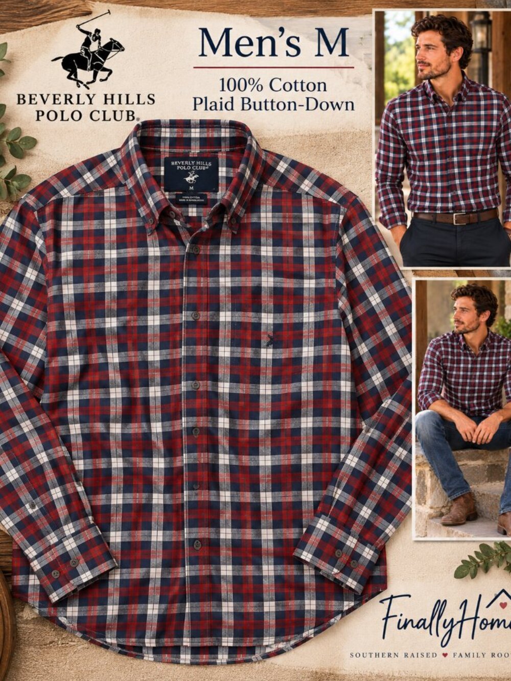 Beverly Hills Polo Club Men's Plaid Button Down Shirt M